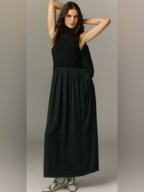 Anthropologie Black Sleeveless Maxi Dress with High Neck Size LP
